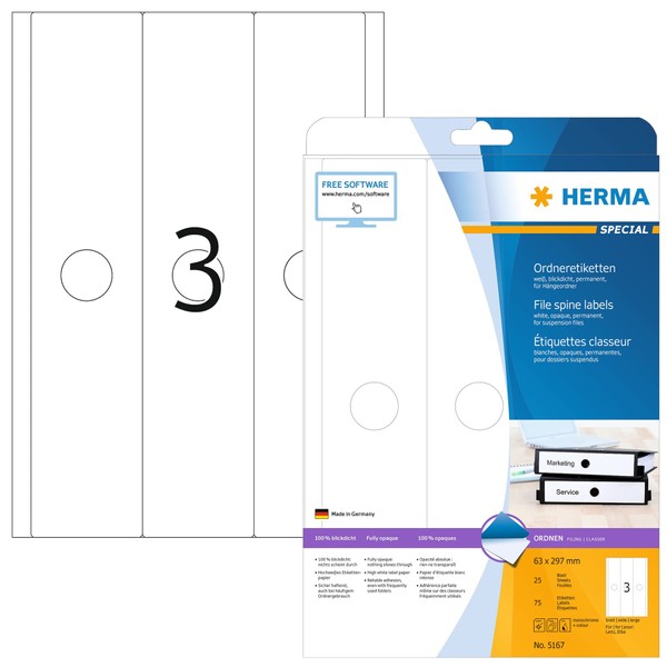 HERMA 5167 Hängeordner-Etiketten lang breit, 25 Blatt, 63 x 297