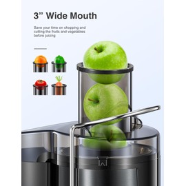 Qcen Juicer Machine, 500W Centrifugal Juicer Extractor with Wide Mouth 3” Feed Chute for Fruit Vegetable, Easy to Clean, Stainless Steel, BPA-free (Metallic Black)