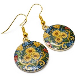 Sunflower Charm Earrings, Round Multi-Colour Enamel Charm Beads on Nickel Free Gold Tone Hooks : 40mm long, Floral Gift for Women, Flower Pattern Design, Retro Ethnic Drop Earrings