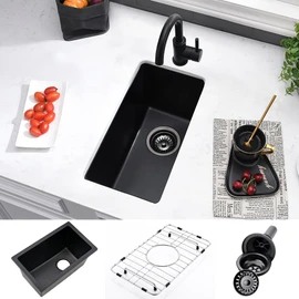 Black Bar Sink Undermount-VASOYO 10x18 Small Kitchen Sink Undermount Outdoor Rv Sinks Black Quartz Composite Deep Single Bowl Small Wet Bar Sinks with Bottom Grid