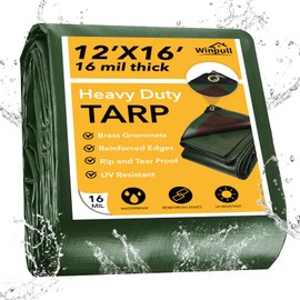 Winpull Tarp 12x16 Feet 16 Mil Heavy Duty Waterproof Tarp, Large Multipurpose Cover with Brass Grommets and Reinforced Edges, UV Resistant Thick Poly Tarps for Outdoor Camping Tent Pool Car, Green