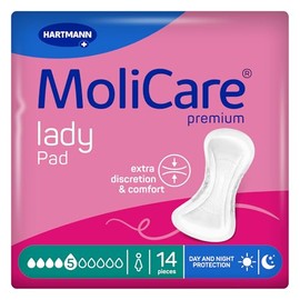 MoliCare Lady Pad 5 Drops Extra Long Incontinence Pads for Women with Medium Bladder Weakness, Night Protection, Odour Neutraliser, Advanced Skin Protection, Pack of 14