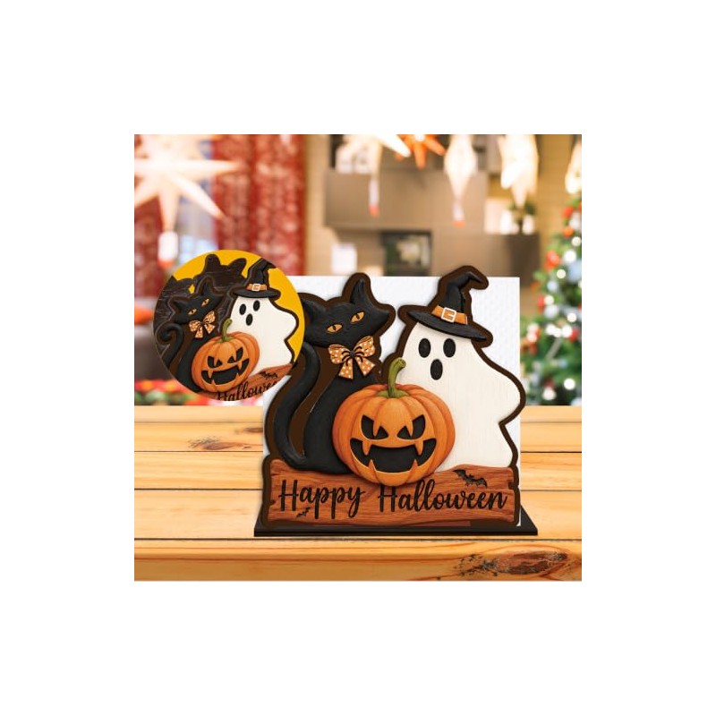 Halloween Napkin Holder, Black Cat Ghost Pumpkin Wood Napkin Holders