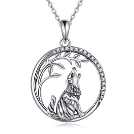 AOBOCO 925 Sterling Silver Moon Phase Necklace Moth/Wolf Pendant Oxidized Vintage Necklace Jewelry Christmas Gifts for Women Mom (Wolf and Tree)