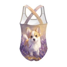 ORGYPET Girls One Piece Swimsuit Size 8-10 Lovely Corgi Tween Swimwear High Waisted Gymnastics Leotard Lavender Kid Bathing Suit Athletic for Summer