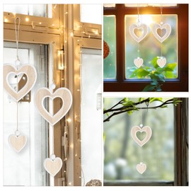 MBAIYO Pack of 2 Heart Decorative Wooden Pendants, Hanging Wooden Decorative Heart, Window Decoration, Natural White Wooden Heart, Hanging Decoration, Sculpture, Decorative Heart, Decorative Hanger