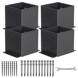 Nrspp 6x6 Post Base 4 Pcs,（Inner Size 5.6"x5.6"） Wood Fence Pergola Post Bracket , Black Powder Coated Post Anchor,Deck Post Base Support Base Plate Pergola Brackets Fence Kit