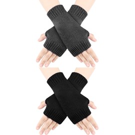 Blulu 2 Pair Winter Fingerless Gloves Warmers Wrist Soft Knitted Flexible Typing Driving Gloves for Women Men in Common Size(Black, Dark Gray,One Size)