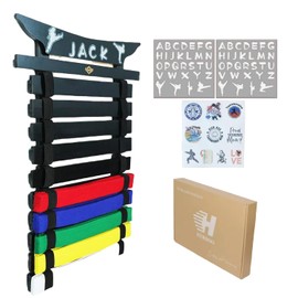 Martial Arts Belt Display Rack, Wooden Wall Mount, Karate and Taekwondo Belt Holder (Pine Wood, Black)