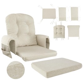 HOMBYS 5 PCS Glider Rocker Replacement Cushions with Storage Side Pocket,Linen-Like Fabric, Foam & Microfiber Filling, Non-Slip & Washable,Thickened & Supportive for Glider Rocking Chair, Khaki