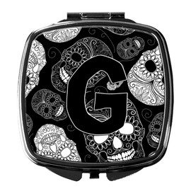 Caroline's Treasures CJ2008-GSCM Letter G Day of the Dead Skulls Black Compact Mirror Decorative Travel Makeup Mirror for Women Girls Gifts Pocket Makeup Mirror Folding Handheld