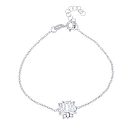 Vanbelle Sterling Silver Jewelry - Rhodium Plated with 925 Stamp - Blossomed Lotus Flower Charm Bracelet - Elegant Handcrafted for Women - 6.5" long + 1" extender