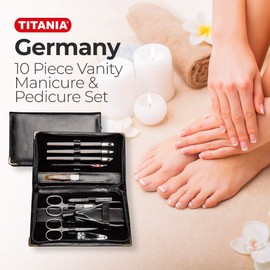 TITANIA Manicure Case Set (10 Pieces) • Manicure Set in Black PU Leather Case • Nail Care Set • Nail Set with Nail Case for Men and Women • Ideal as a Travel Nail Case