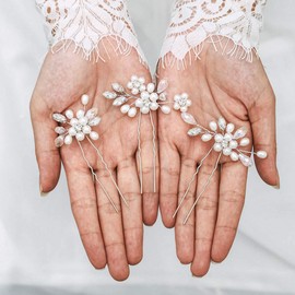 Edary Bride Wedding Hair Pins Pearl Silver Bridal Hair Pieces Wedding Crystal Hair Accessories Bead Bridal Hair Clips for Women and Girls Pack of 3 (1)