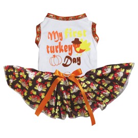 Petitebelle My First Turkey Day Puppy Dog Dress (White/Brown Turkeys, Large)