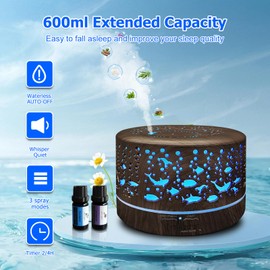 Diffusers for Essential Oils Large Room with R/C,600ml Essential Oil Diffusers for Home,Waterless Auto Off 7 Colors Changed 3 Mist Modes,Cool Mist Humidifiers for House Bedroom Decor,Gifts,Dark Wood