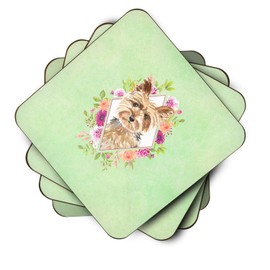 Caroline's Treasures CK4357FC Yorkie Green Flowers Foam Set of 4 Coasters, Multicolor
