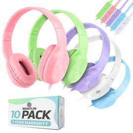 Classroom Headphones-Bulk 10-Pack, with Microphone Student On Ear Comfy Swivel Earphones for Library, School, Airplane, Kids-for Online Learning and Travel, HQ Stereo Sound 3.5mm Jack (Colored Set)
