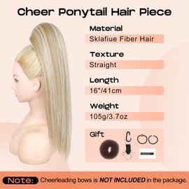 SEIKEA Cheer Ponytail Hair Piece, 16" Straight Cheerleader Hairpiece Ponytail Extension for Cheerleader Competition, Dance Ash Blonde with Light Blonde Highlights