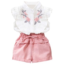 Toddler Girl Clothes Ruffle Floral Embroidery Shirt and Shorts Set
