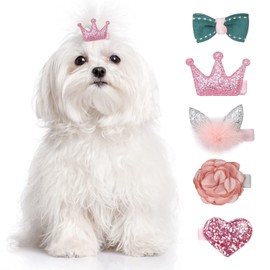 WWW Small Dog Hair Clips 5 Pcs Cat Dog Hair Bows Girls Puppies Hair Barrettes Cute Bow Flower Crown Hairpin Head Flower Hair Pins Cat Puppy Party Birthday Grooming Hair Accessories,Pink