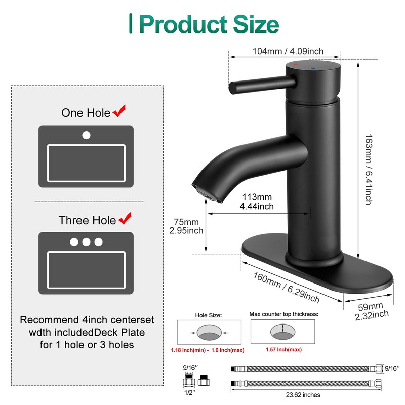 VOTON Black Bathroom Faucet Single Handle Matte Black Bathroom Sink