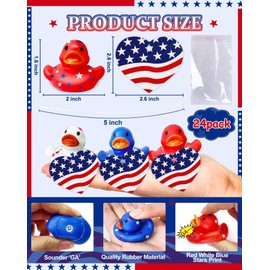 24 Pack 2'' Patriotic Rubber Duck with Cards 4th of July Party Favors Baby Bath Toys Float Ducks Squeeze Squeak Summer Beach Pool Fourth July Supplies Red White Blue Gift Independence Day Memorial Day