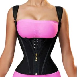 Women Double Compression Waist Trainer Corset Adjustable Straps Steel Bone Support,Zipper Hook Flat Belly Body Shaper Belt (Black, XL)