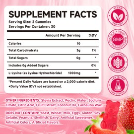 Mchokuu L-Lysine 1000mg Gummies, Chewable Lysine Supplement for Adults & Kids Immune Support, Essential Amino Acid, Vegetarian, Non-GMO, Sugar-Free, Gluten Free, Strawberry Flavor, 60 Counts