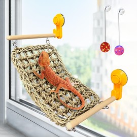 VCEPJH Bearded Dragon Hammock, Reptile Window Perch Natural Seagrass Gecko Climbing Tank Accessories Lizard Lounger Bed with Powerful Suction Cups Bearded Dragon Toys for Basking (11.81 * 7.08)