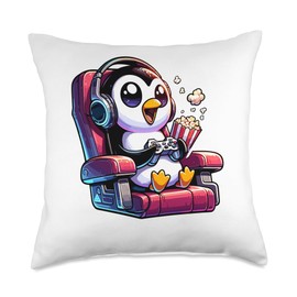 Gamer Penguin Popcorn Gaming Chair Headphones Games Player Throw Pillow