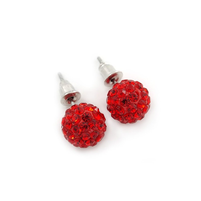 10mm Red Crystal Ball Stud Earrings In Silver Tone