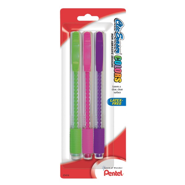 Pentel® Clic Erasers®, Assorted Colors, Pack of 3