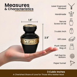 Mini Urns for Human Ashes Set of 4 with Cross Necklace, Velvet Case & Funnel | Hand-Engraved Keepsake Urn & Small Urn for Ashes for Women & Men | Premium Miniature Urns for Loved Ones Ashes, 3 Inches
