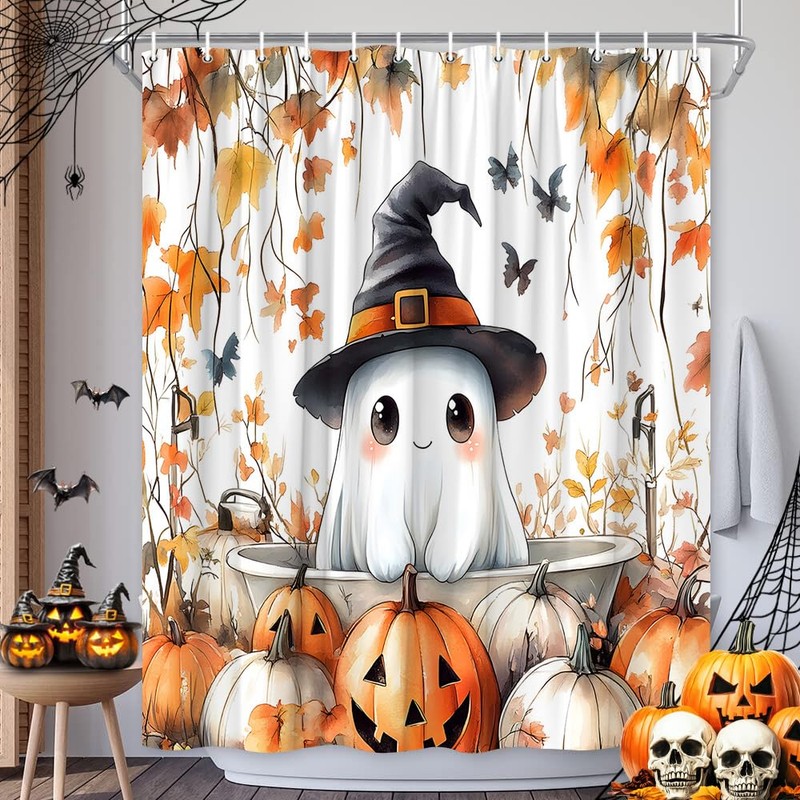 Funny Ghost Shower Curtain Fall Spooky Ghost Take Bath Bat