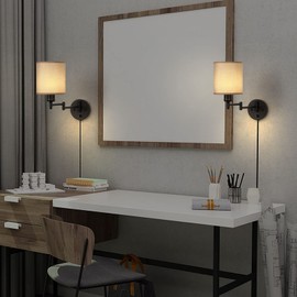CADUKE Wall Lamps Plug in, Swing Arm Wall Sconce Set of 2 with Light Brown Lampshade, Modern Bedroom Wall Lights Fixtures, Bedside Wall Reading Lights