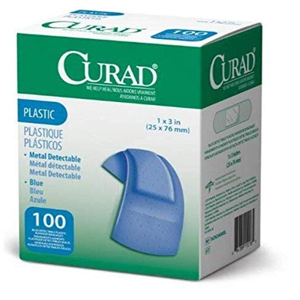 Curad Blue Flex-Fabric Adhesive Bandage, Metal-Detectable, 1" x 3", 100 Count (Pack of 2)