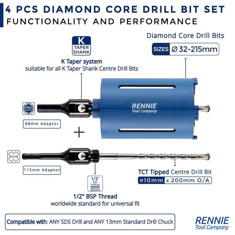 38mm x 150mm Long Diamond Core Drill Bit Set Includes