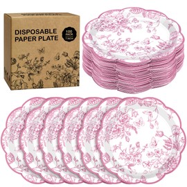 Kochorie 100 Pieces Pink Flower Paper Plates 7 Inches Disposable Floral Paper Plates Scalloped Pink Chinoiserie Vintage Flower Dessert Plates for Wedding Birthday Holiday Party Decor Supplies