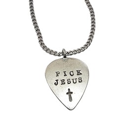 FORGIVEN JEWELRY Pick Jesus Cross Antique Silver Finish Guitar Pick Pendant Chain Necklace