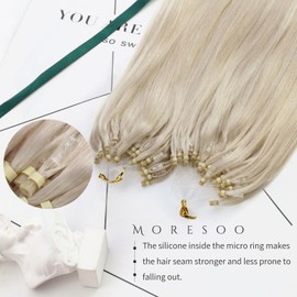 Moresoo Micro Ring Hair Extensions Real Human Hair Blonde Microloops Hair Extensions Platinum Blonde Micro Beads Hair Extensions 1g/s 50g/Pack 20 Inch #60