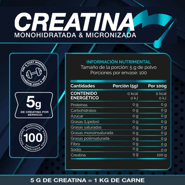Creatina monohidratada micronizada 500g sin sabor Testo Rocket pre workout