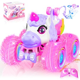 Remote Control Car for Girls, 360° Rotating, 4WD RC Stunt Cars, Unicorn Monster Truck Toys with Light and Music, 2.4 GHz, Rechargeable, Various Terrain Pink Car, Girl Christmas, Birthday Gift Age 3-10