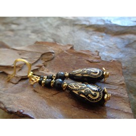 ◦•●◉✿ SCHWARZ GOLDENE TROPFEN ✿◉●•◦ lange schwarz - goldene Ohrringe mit Acryl, Glas & Metall