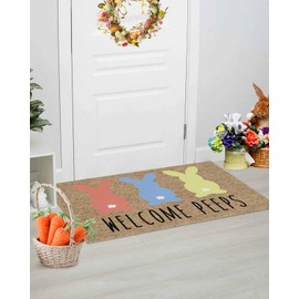 Happy Easter Indoor Doormat 16 x 24 Inch Entryway Rugs Easter Welcome Peeps Rabbits Retro Texture Front Door Mat Absorbent Non-Slip Floor Mats for Kitchen Bedroom Bathroom