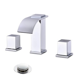 Luxury Brass Modern Widespread Waterfall Bathroom Sink Faucets with Copper Valve for 3 Hole 2-Handle 8 Inch Deck Bathroom Vanity Faucet, &Stainless Steel Pop-up Drain Assembly, Chrome