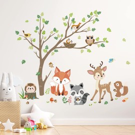 decalmile decalmile Woodland Animals Tree Wall Stickers Fox Deer Owl Wall Decals Baby Nursery Kids Bedroom Living Room Wall Decor
