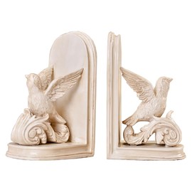 2PCS Vintage White Resin Decorative Bookends with Bird White Bird Bookends for Kids Rooms Decorative Book Ends for Heavy Books (White)