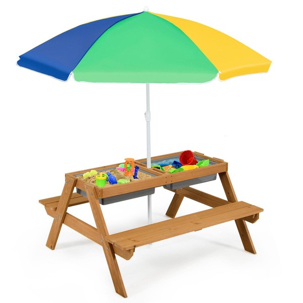 ARLIME Sand and Water Table - 3-in-1 Kids Picnic Table with Height Adjustable Umbrella, Removable Table Top & 2 Detachable Game Boxes, Water Play Table for Boys Girls, Outdoor Sensory Table (Colorful)