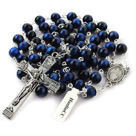 HanlinCC 8mm Natural Blue Tiger Eyes Gemstone Beads Miraculous 5 Dacade Rosary Necklace with Anti-Silver Catholic Crucifix Pack in Leather Gift Box